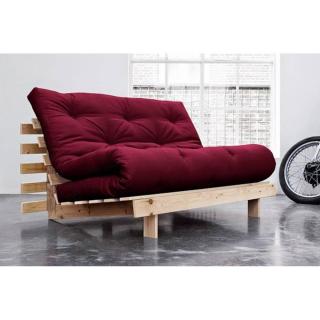 Canapé convertible futon ROOTS pin naturel coloris bordeaux couchage 140x200 cm.