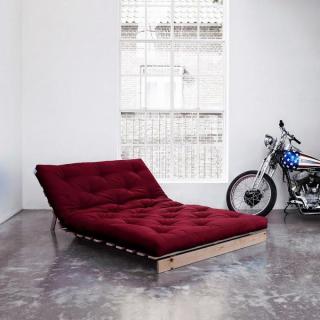 Canapé convertible futon ROOTS pin naturel coloris bordeaux couchage 140x200 cm.