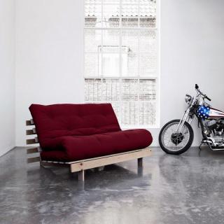 Canapé convertible futon ROOTS pin naturel coloris bordeaux couchage 140x200 cm.