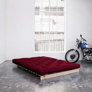 Canapé convertible futon ROOTS pin naturel coloris bordeaux couchage 140x200 cm.