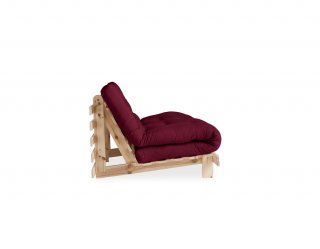 Canapé convertible futon ROOTS pin naturel coloris bordeaux couchage 140x200 cm.