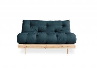 Canapé convertible futon ROOTS pin naturel tissu bleu pétrole couchage 160x200 cm