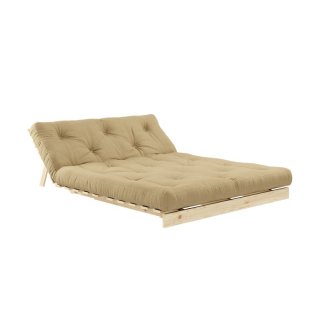 Canapé convertible futon ROOTS pin naturel tissu Beige blé couchage 160x200 cm.
