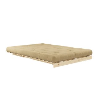 Canapé convertible futon ROOTS pin naturel tissu Beige blé couchage 160x200 cm.