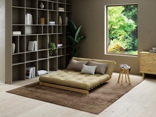 Canapé convertible futon ROOTS pin naturel tissu Beige blé couchage 160x200 cm.