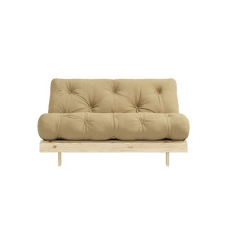 Canapé convertible futon ROOTS pin naturel tissu Beige blé couchage 160x200 cm.