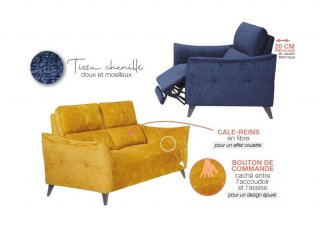 Canapé 2 places RELAX électrique ATTITUDE têtière réglable tissu chenillé bleu nuit