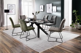 Lot de 2 chaises design HALSOU tissu cappuccino et pieds métal laqué noir