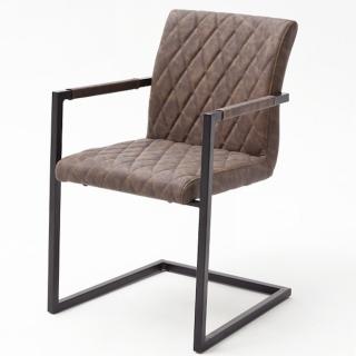Lot de 4 chaises KERRY tissu marron couture diamant avec piètement tube carré métal noir mat avec accoudoirs