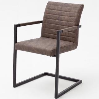 Lot de 4 chaises KERRY tissu marron couture horizontale avec piètement tube carré métal noir mat avec accoudoirs 