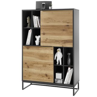 Commode ABOU chêne, gris anthracite 2 portes 8 niches piètement metal noir