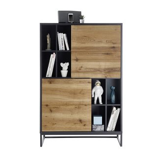 Commode ABOU chêne, gris anthracite 2 portes 8 niches piètement metal noir