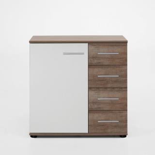 Commode Buffet EVA 4 tiroirs chêne châtaigne 1 porte blanc mat