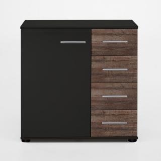 Commode Buffet EVA 4 tiroirs chêne châtaigne 1 porte graphite