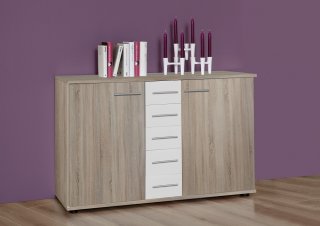 Commode Buffet EVA 4 tiroirs blanc mat 2 portes chêne clair 