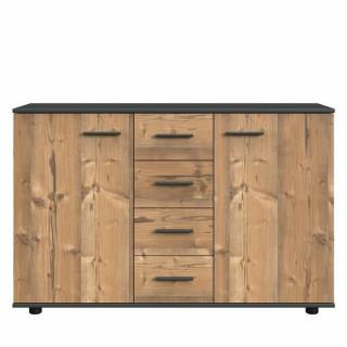 Commode Buffet IDAHO 4 tiroirs 2 portes chêne silver vieilli plateau graphite