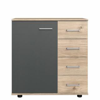 Commode Buffet JANA 4 tiroirs chêne clair 1 porte graphite