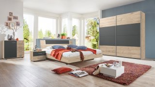 Commode Buffet JANA 4 tiroirs chêne clair 1 porte graphite