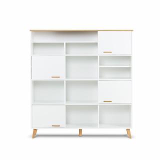 Commode FREDO blanche, 4 portes 10 niches, piètement chêne naturel