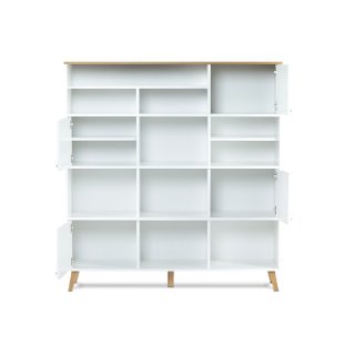 Commode FREDO blanche, 4 portes 10 niches, piètement chêne naturel
