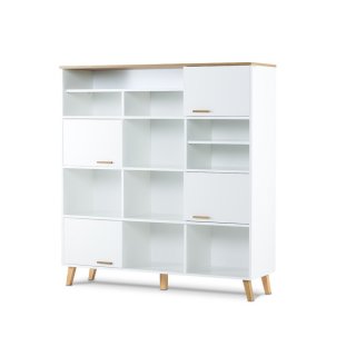 Commode FREDO blanche, 4 portes 10 niches, piètement chêne naturel