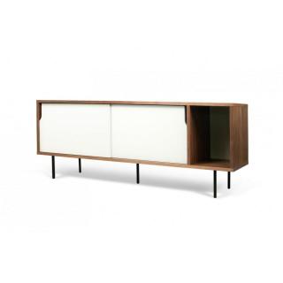 DANN buffet design noyer avec 2 portes coulissantes blanches piétement acier noir