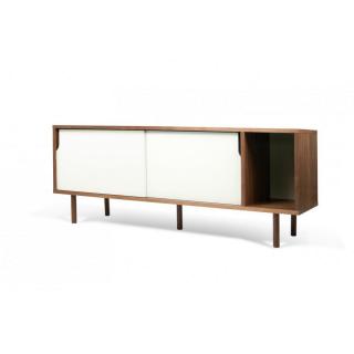 DANN buffet design noyer avec 2 portes coulissantes blanches piétement acier noir