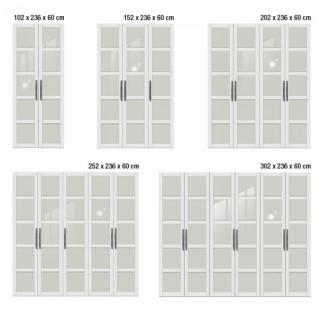 Dressing penderie MILAN trois portes à battant blanc avec carreaux en verre givré, corps blanc mat.