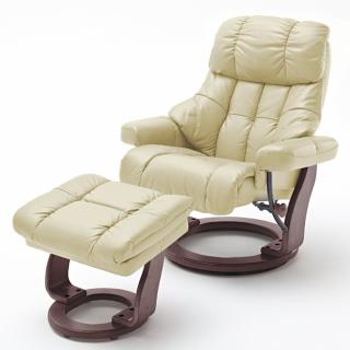 Fauteuil relax CLAIRAC XL assise en cuir crème pied en bois couleur noyer avec repose pied