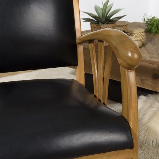 Fauteuil DAK en Cuir Noir et Teck Style Colonial