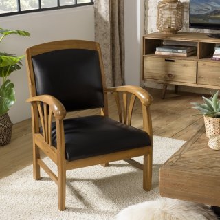 Fauteuil DAK en Cuir Noir et Teck Style Colonial