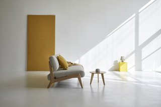  Canapé convertible Lit de repos NOLIS  piétement Chêne laqué  tissu Bouclé Beige 