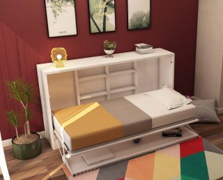 Lit bureau escamotable horizontal LIFE DESK couchage 90x200cm blanc