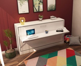 Lit bureau escamotable horizontal LIFE DESK couchage 90x200cm blanc