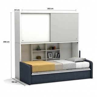 Lit canapé escamotable horizontal avec surmeuble ACADEMY SOFA couchage 90x200cm blanc et gris