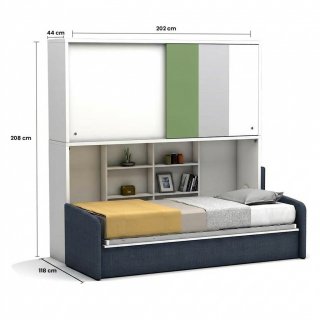 Lit canapé escamotable horizontal avec surmeuble ACADEMY SOFA couchage 90x200cm vert gris et blanc
