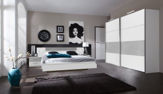 Lit design ANGELA avec éclairage 160 x 200 cm blanc rechampis béton gris clair
