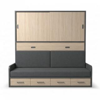 Lit escamotable horizontale 2 portes coulissantes 90 x 190 cm canapé tiroirs intégrés pour matelas de 24 cm hauteur 240 cm