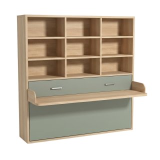 Lit escamotable horizontale bibliothèque 90x190 cm bureau intégré pour matelas de 24cm hauteur 220cm