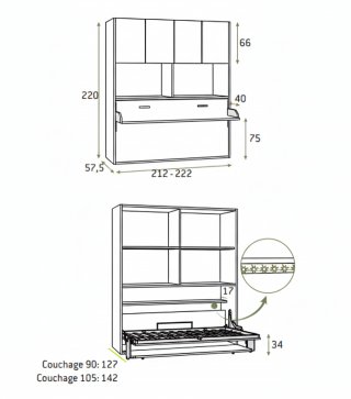 Lit escamotable horizontale pont 90x190 cm bureau intégré pour matelas de 24cm hauteur 220cm