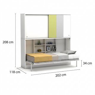 Lit escamotable horizontal avec surmeuble ACADEMY couchage 90x200cm vert gris et blanc