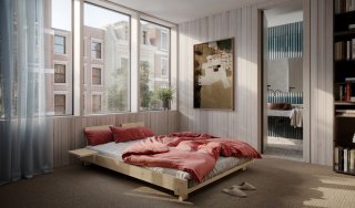 Lit futon SOCIAL SOFA pin laqué naturel couchage 140x200 cm avec 2 dossiers et 2 tables d'appoint matelas moka