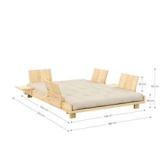 Lit futon SOCIAL SOFA pin laqué naturel couchage 140x200 cm avec 4 dossiers et 2 tables d'appoint matelas moka