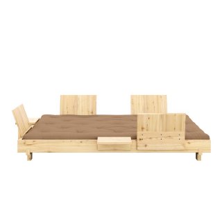 Lit futon SOCIAL SOFA pin laqué naturel couchage 140x200 cm avec 4 dossiers et 2 tables d'appoint matelas moka