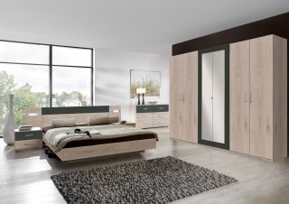 Lit futon avec chevets et éclairages Led ANGIE couchage 160 x 200 cm chêne hickory et graphite