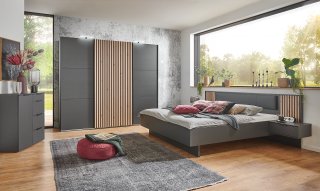 Lit futon PRISMA graphite rechampis lamelles imitation chêne artisan 180 x 200 cm + chevets + coussin