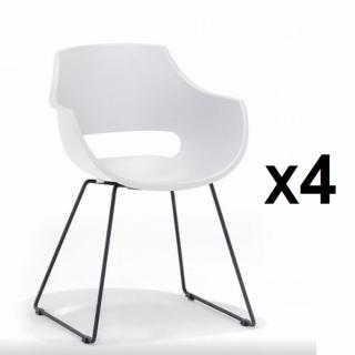 Lot de 4 chaises design REMO coque blanche piétement luge métal noir mat