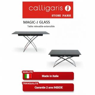 Table Calligaris relevable extensible MAGIC-J verre noire piétement chromé