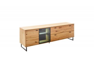 Meuble TV ARUJO 2 portes 2 tiroirs façade chêne sauvage huilé verre anthracite