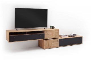 Meuble TV VALERIA 2 portes 2 tiroirs 2 casiers poutre chêne Bianco verre satiné anthracite